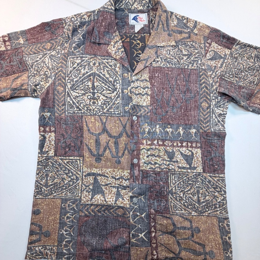 Nui Nalu Hawaiian Camp Shirt Mens M Brown Tapa Tribal Print Made Hawaii USA Vtg